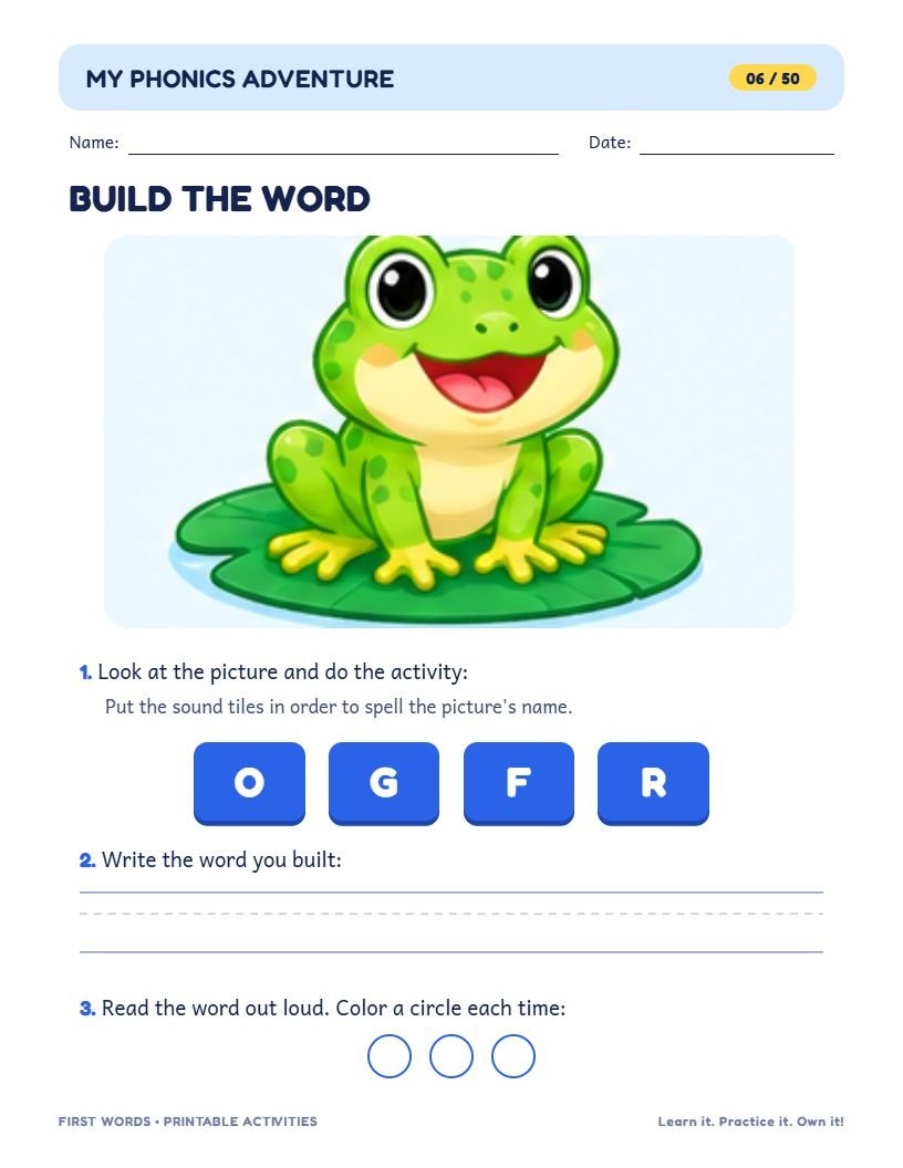 Build the Word page: a frog picture with the sound tiles O, G, F, R to put in order