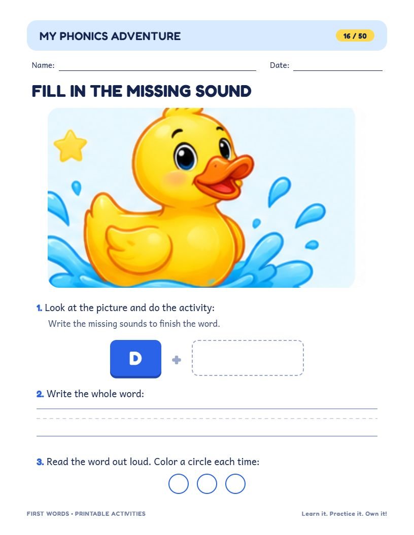 Fill in the Missing Sound page: a duck picture with the D tile and a blank box
