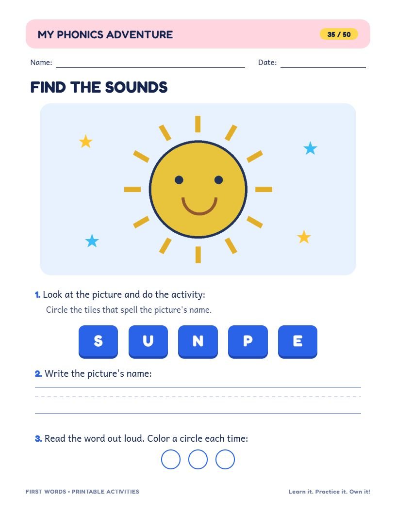 Find the Sounds page: a sun picture with tiles to circle