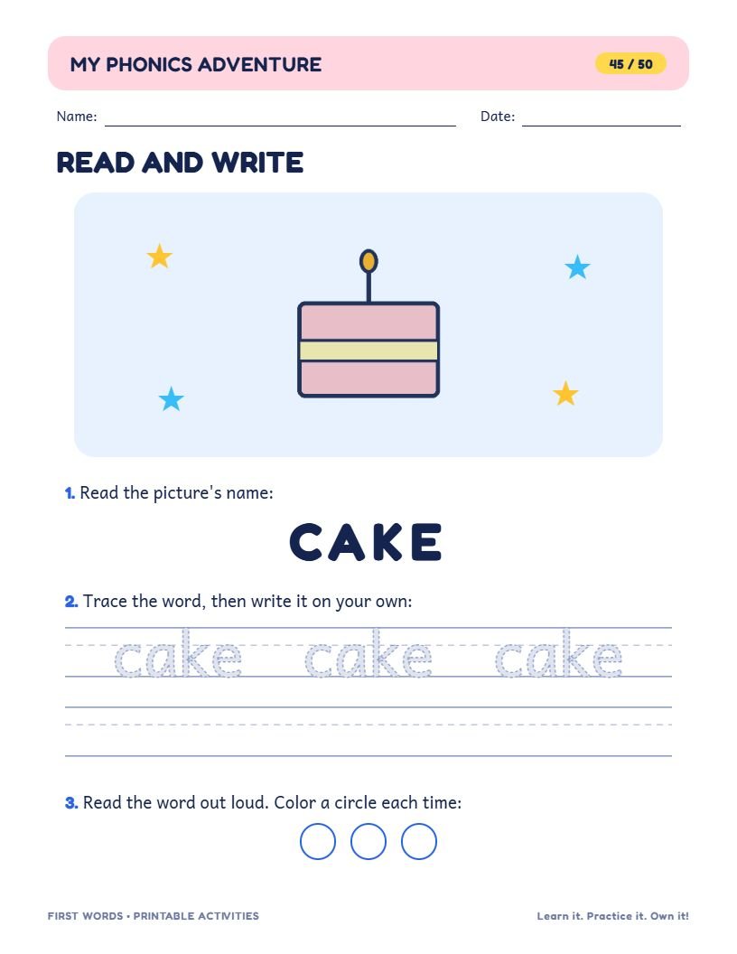 Read and Write page: a cake picture, the word CAKE, and dotted letters to trace