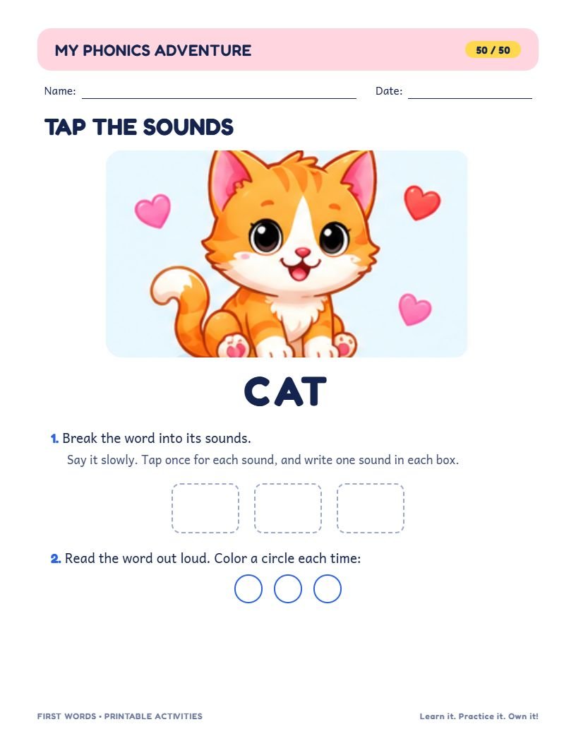 Tap the Sounds page: a cat picture, the word CAT, and three empty sound boxes