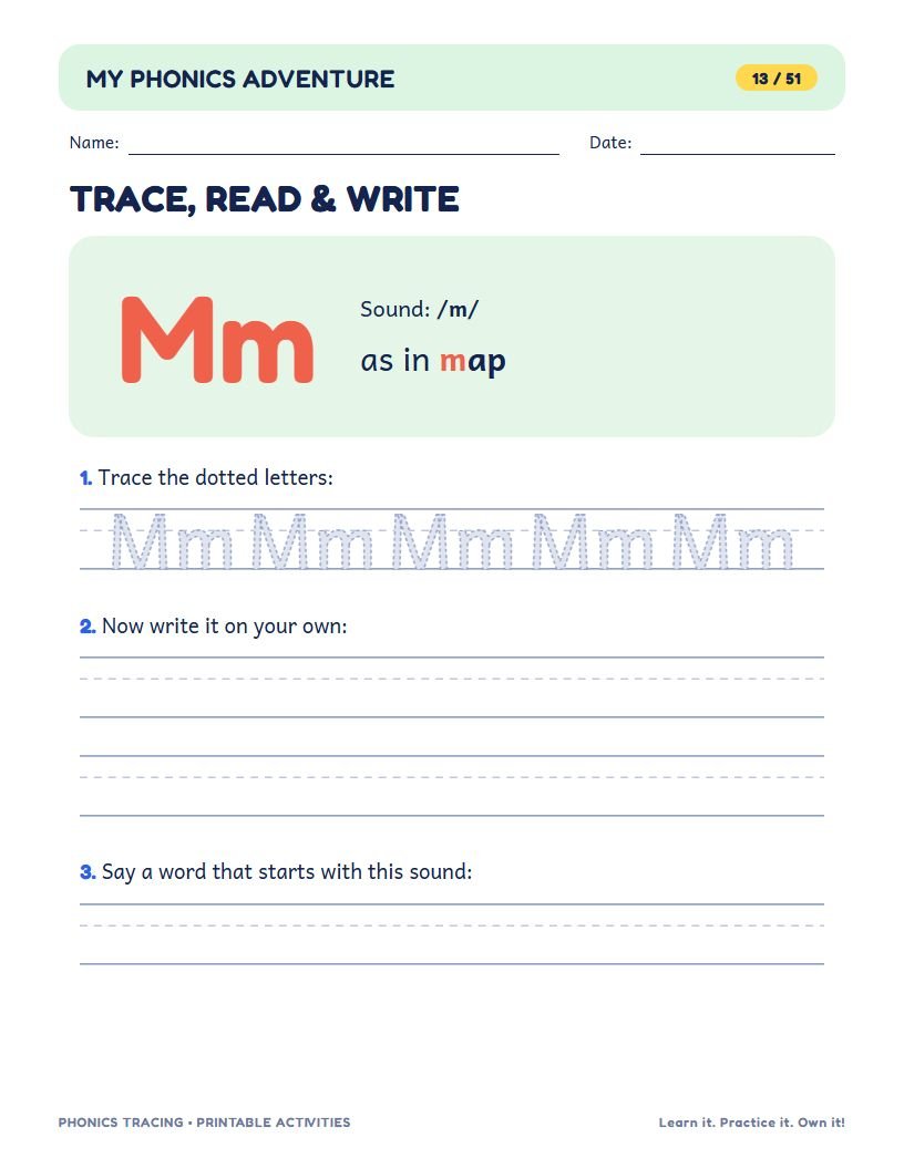 Letter M page: the sound /m/ as in map, dotted Mm to trace and lines to write